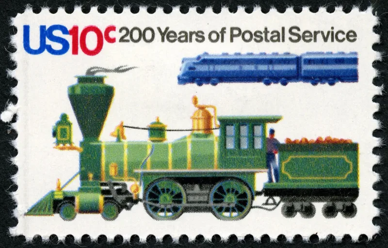 United States 1975 10c U.S. Postal Service Bicentennial Old and New Locomotive stamp, photographed by a collector