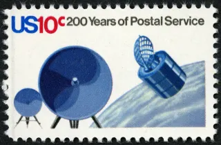 United States 1975 10c U.S. Postal Service Bicentennial Satellite for Transmission of Mailgrams stamp, photographed by a collector