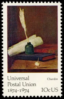 United States 1974 10c Universal Postal Union Jean Baptiste Chardin U.S stamp, photographed by a collector