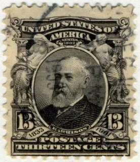 United States 1903 13c Benjamin Harrison stamp, photographed by a collector