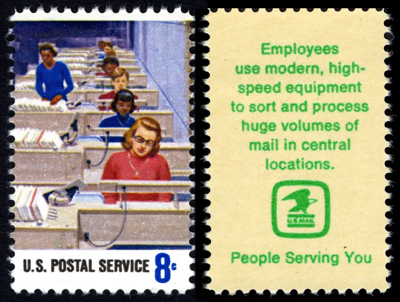 United States 1973 8c Postal Service Employees Electronic Letter Routing U.S stamp, photographed by a collector