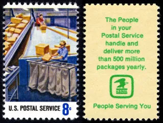 United States 1973 8c Postal Service Employees Parcel Post Sorting U.S stamp, photographed by a collector