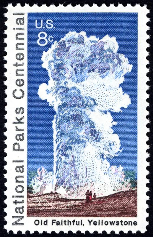 United States 1972 8c National Parks Centennial Old Faithful Yellowstone U.S stamp, photographed by a collector