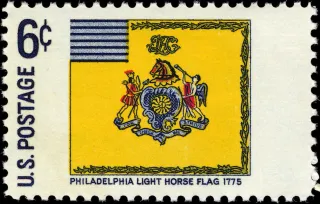 United States 1968 6c Philadelphia Light Horse Flag Historic Flag Series U.S stamp, photographed by a collector