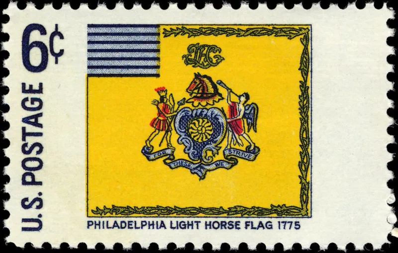United States 1968 6c Philadelphia Light Horse Flag Historic Flag Series U.S stamp, photographed by a collector