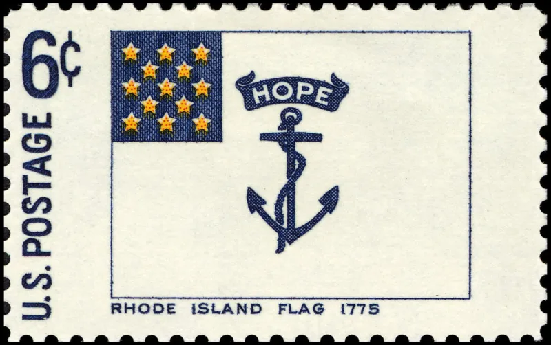 United States 1968 6c Rhode Island Flag Historic Flag Series U.S stamp, photographed by a collector