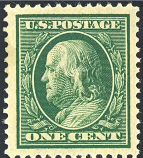 United States 1908 1c Franklin stamp, photographed by a collector