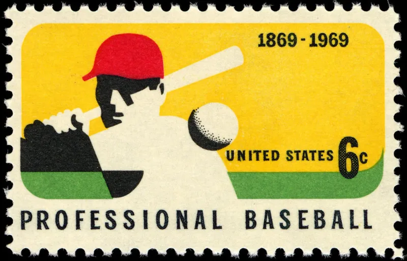 United States 1969 6c 100th Anniversary Professional Baseball U.S stamp, photographed by a collector