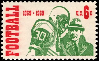 United States 1969 6c 100th Anniversary Intercollegiate Football U.S stamp, photographed by a collector