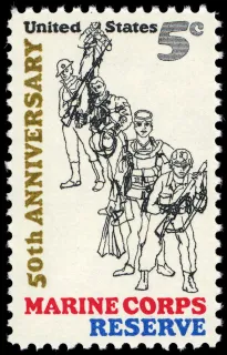 United States 1966 5c Marine Corps Reserve 50th Anniversary U.S stamp, photographed by a collector