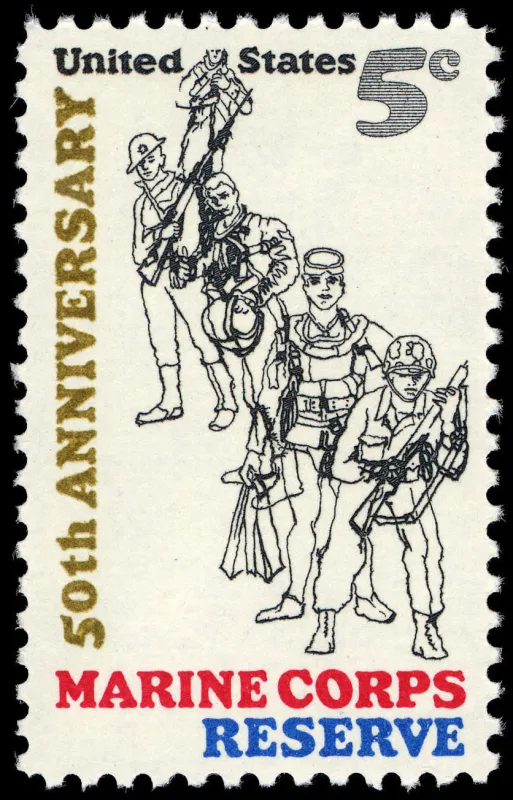 United States 1966 5c Marine Corps Reserve 50th Anniversary U.S stamp, photographed by a collector