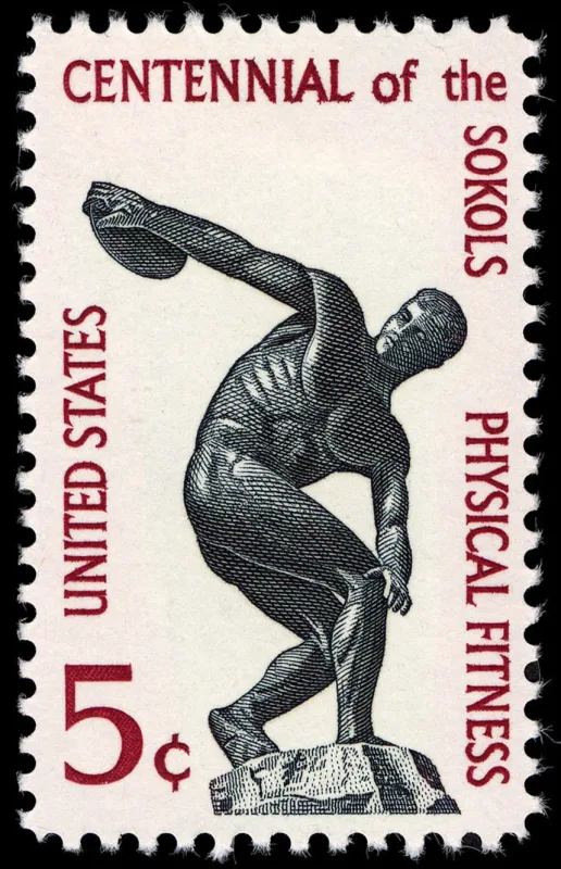 United States 1965 5c Physical Fitness Sokol U.S stamp, photographed by a collector