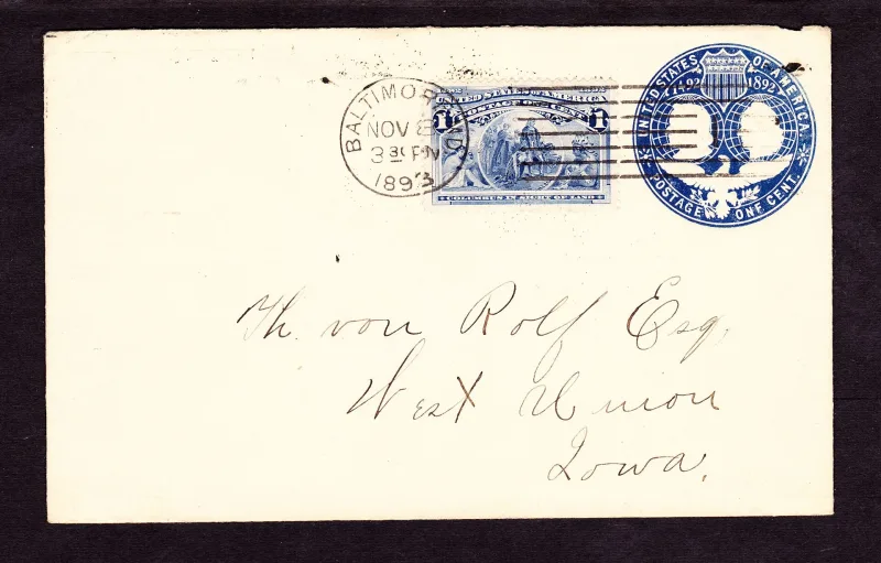 United States 1893 1c Columbian stamp, photographed by a collector