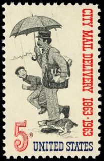 United States 1963 5c City Mail Delivery U.S stamp, photographed by a collector
