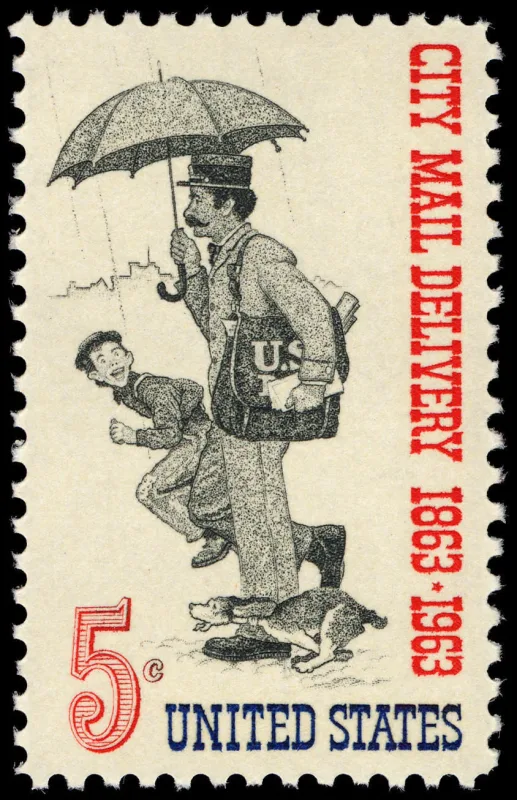 United States 1963 5c City Mail Delivery U.S stamp, photographed by a collector