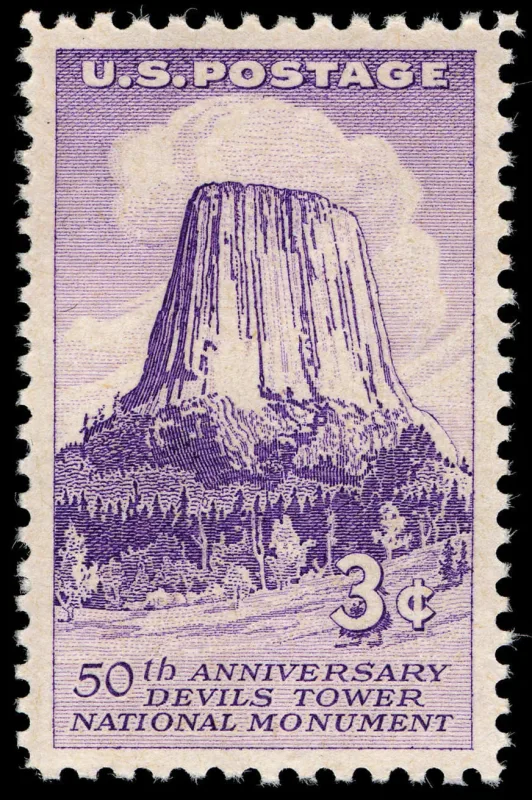United States 1956 3c Devils Tower U.S stamp, photographed by a collector