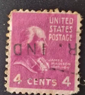 United States 1938 4c James Madison stamp, photographed by a collector