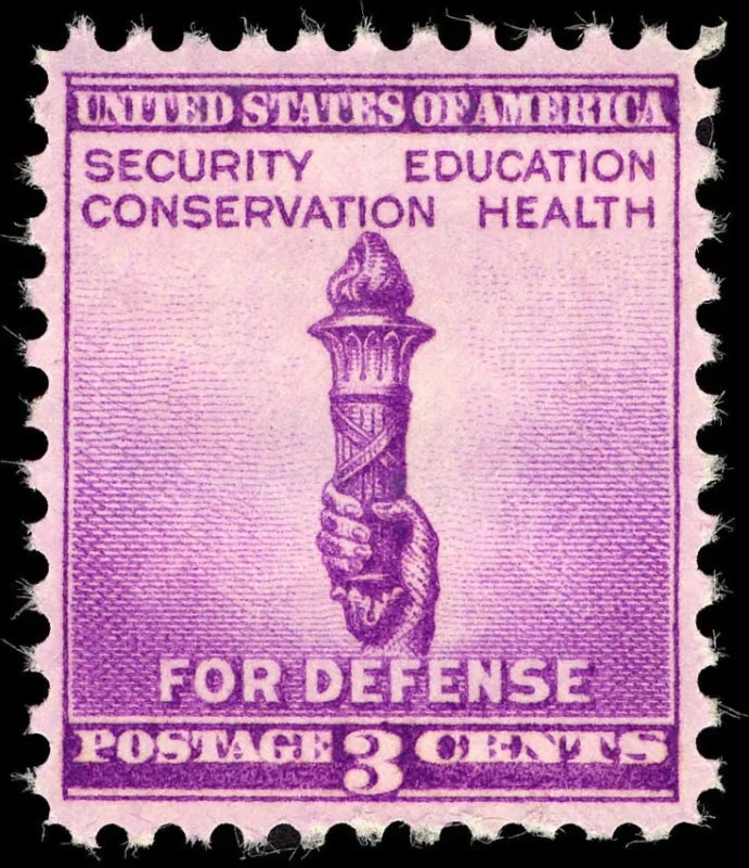 United States 1940 3c National Defense Torch of Enlightenment U.S stamp, photographed by a collector