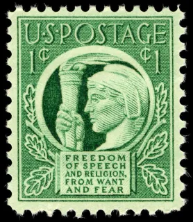 United States 1943 1c Four Freedoms U.S stamp, photographed by a collector