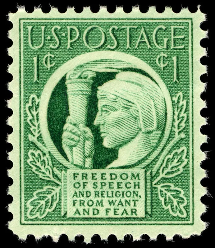 United States 1943 1c Four Freedoms U.S stamp, photographed by a collector