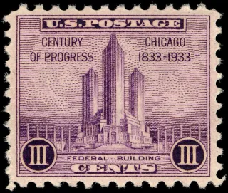 United States 1933 3c Chicago Century of Progress Federal Building U.S stamp, photographed by a collector