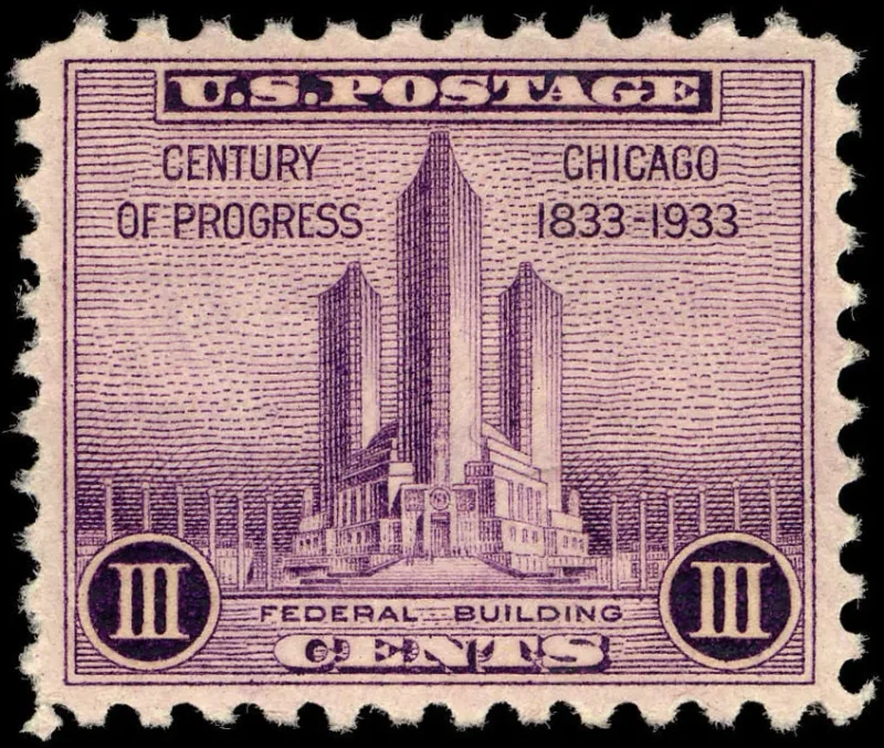 United States 1933 3c Chicago Century of Progress Federal Building U.S stamp, photographed by a collector