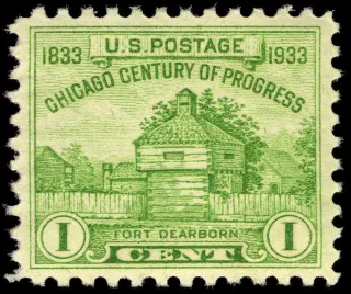 United States 1933 1c Chicago Century of Progress Fort Dearborn U.S stamp, photographed by a collector