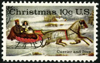 United States 1974 10c Christmas Currier and Ives U.S stamp, photographed by a collector