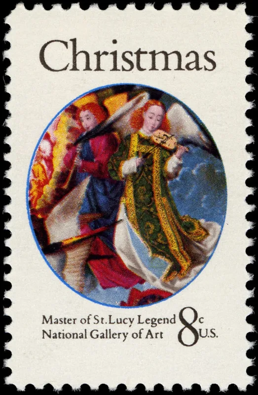 United States 1972 8c Christmas Master of St. Lucy Legend U.S stamp, photographed by a collector