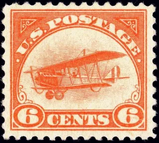 United States 1918 6 cents range rtis Jenny BiplaneC stamp, photographed by a collector