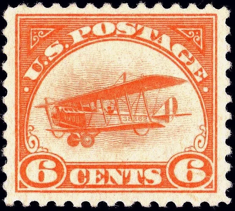 United States 1918 6 cents range rtis Jenny BiplaneC stamp, photographed by a collector