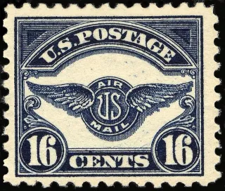 United States 1923 16 cents Dark Blue U.S. Air Mail Insignia stamp, photographed by a collector