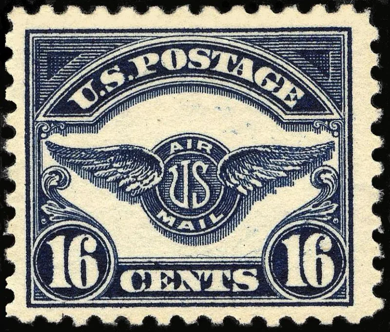 United States 1923 16 cents Dark Blue U.S. Air Mail Insignia stamp, photographed by a collector