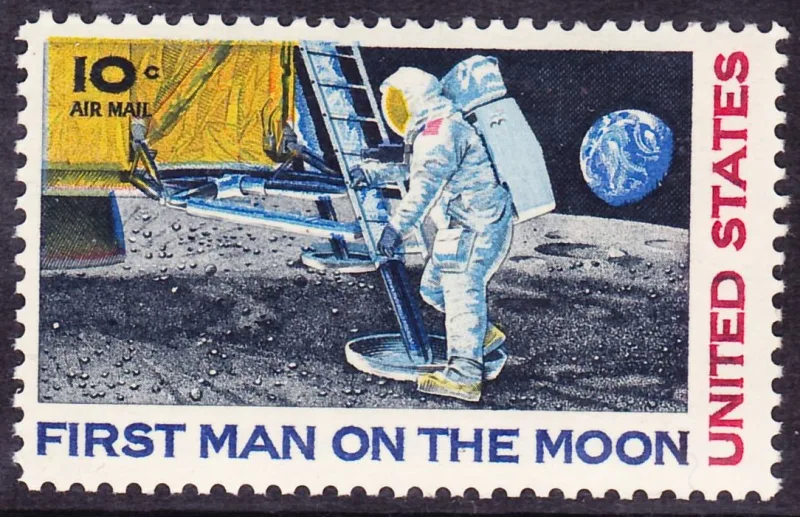 United States 1969 10c moonlanding commemorative stamp, photographed by a collector