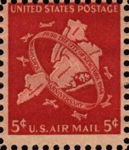 United States 1948 5 cents Red New York City stamp, photographed by a collector