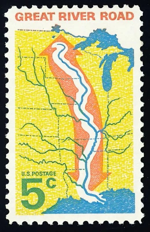 United States 1966 5 cents Great River Road stamp, photographed by a collector