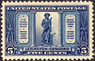 United States 1925 5c Lexington Concord stamp, photographed by a collector