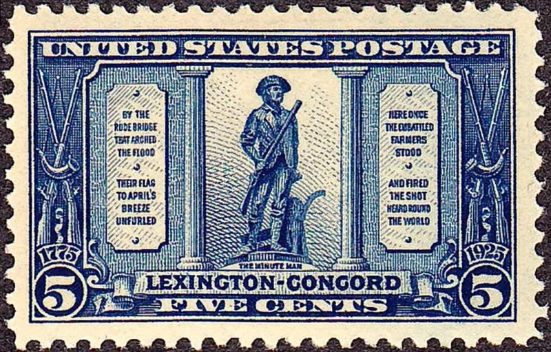 United States 1925 5c Lexington Concord stamp, photographed by a collector