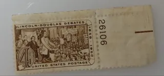United States 1958 4c Lincoln Douglas debates stamp, photographed by a collector