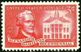 United States 1957 3c Alexander Hamilton stamp, photographed by a collector