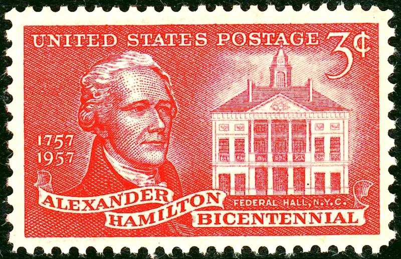 United States 1957 3c Alexander Hamilton stamp, photographed by a collector