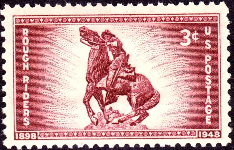 United States 1948 3c Rough Riders stamp, photographed by a collector