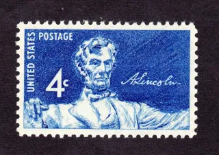 United States 1959 4c Lincoln Memorial stamp, photographed by a collector