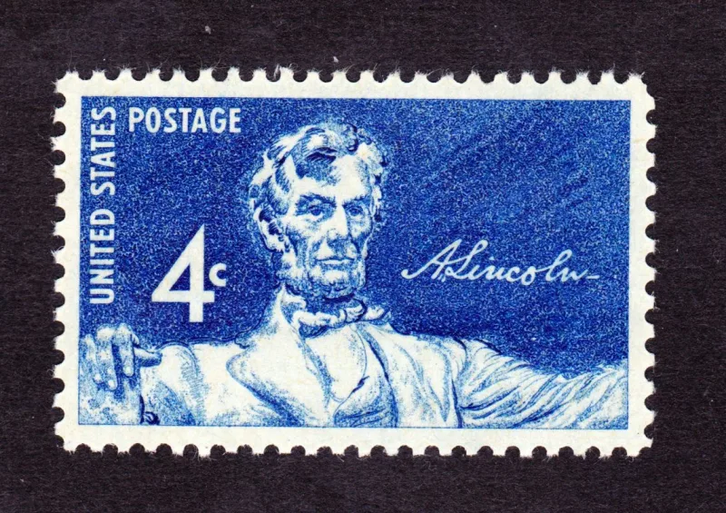 United States 1959 4c Lincoln Memorial stamp, photographed by a collector