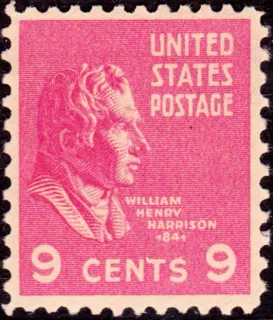 United States 1938 9c William Henry Harrison stamp, photographed by a collector