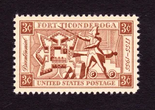 United States 1955 3c Fort Ticonderoga stamp, photographed by a collector