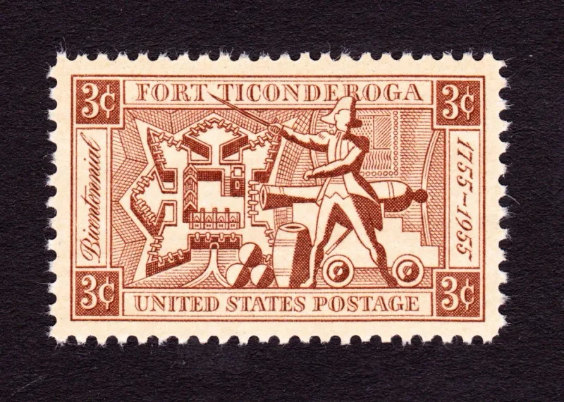 United States 1955 3c Fort Ticonderoga stamp, photographed by a collector