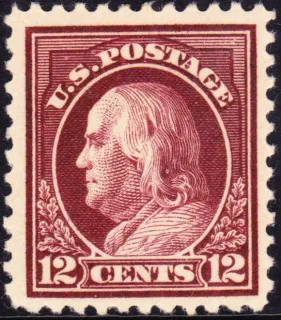United States 1917 12c Benjamin Franklin WF stamp, photographed by a collector