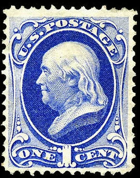United States 1870 1c Benjamin Franklin stamp, photographed by a collector