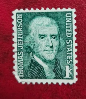 United States 1968 1c Thomas Jefferson Regular stamp, photographed by a collector
